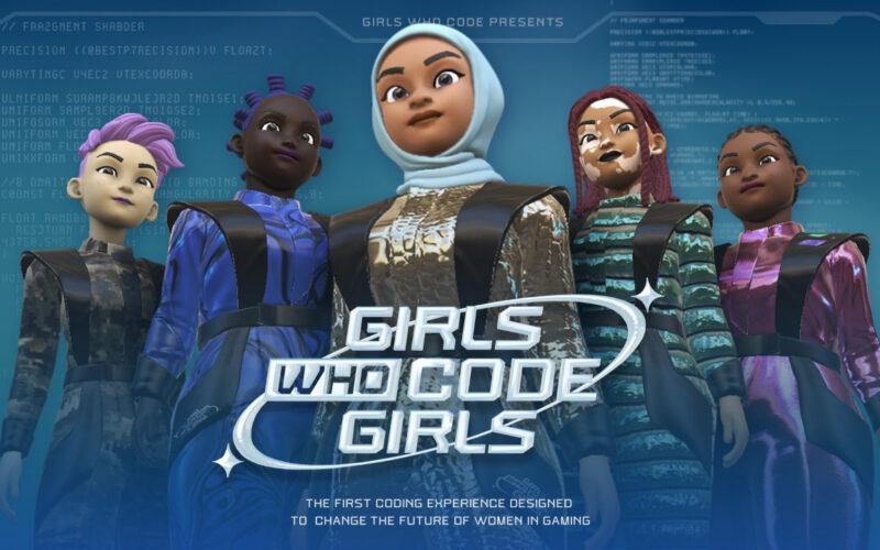 Diverse female characters over the Girls Who Code Girls logo