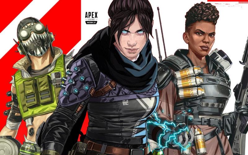 Octane, Wraith, and Bangalore posing between the Apex Legends: Mobile logo