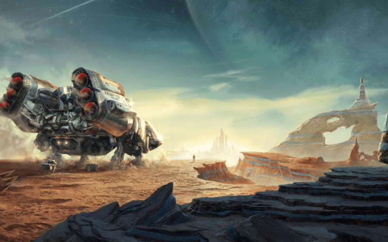 Concept art of Starfield: A spaceship landed on a rocky planet, with a human standing far ahead of the ship
