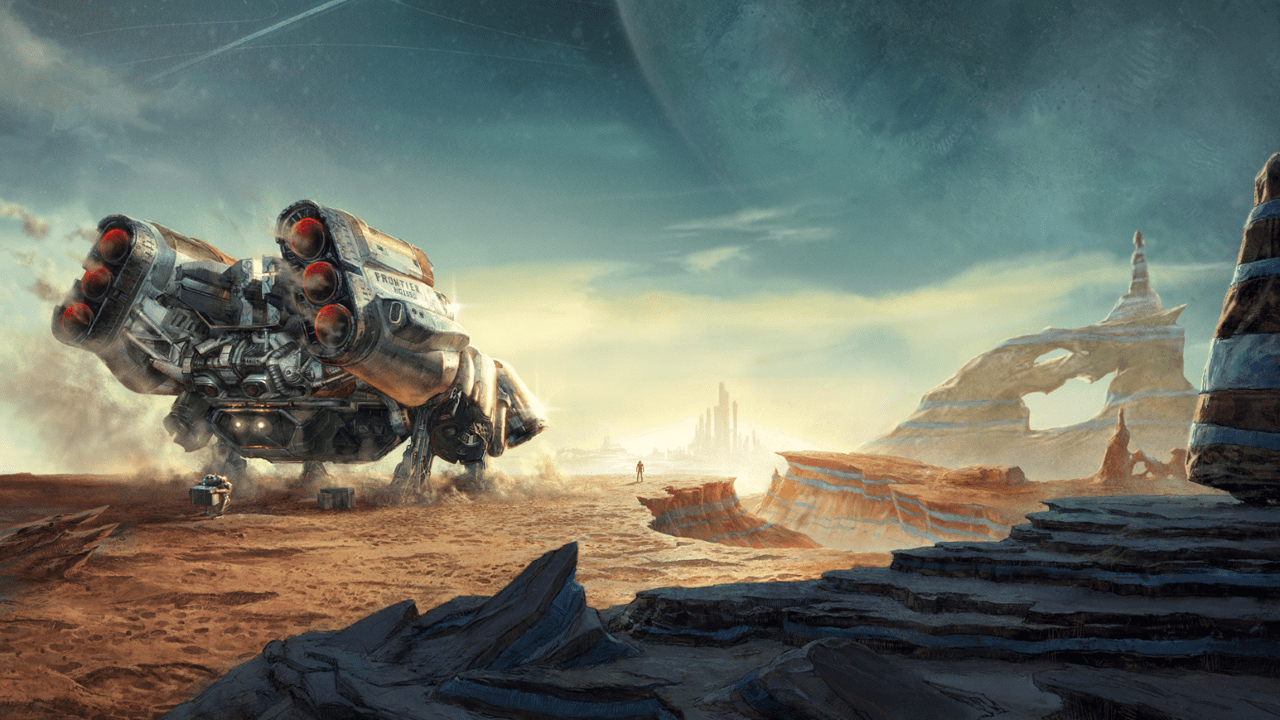 Concept art of Starfield: A spaceship landed on a rocky planet, with a human standing far ahead of the ship