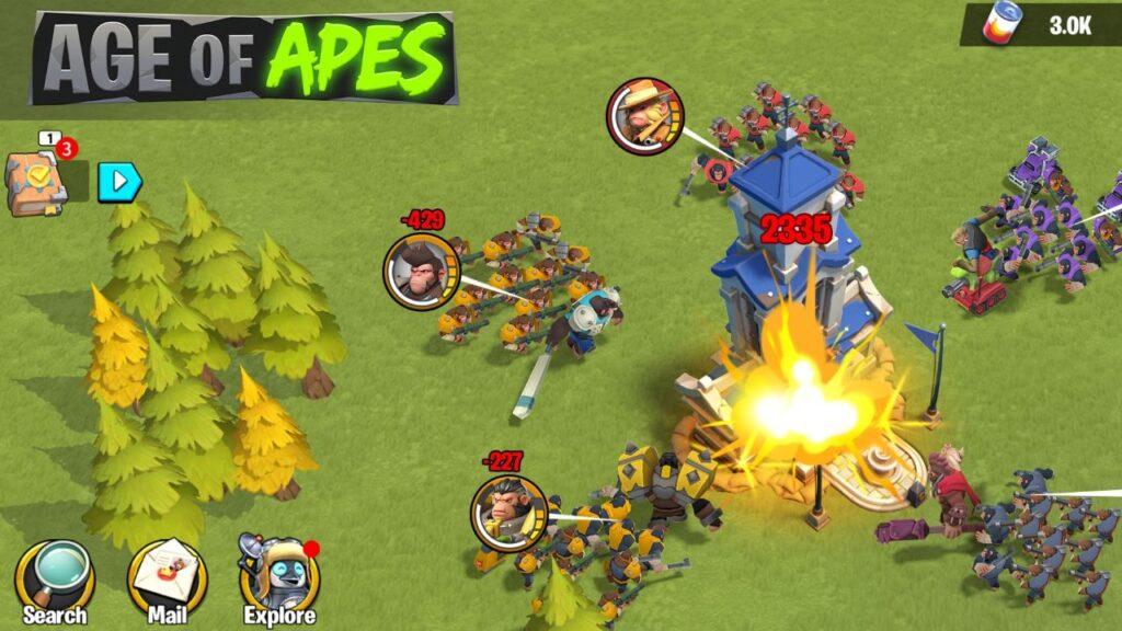 An in game screenshot of groups of armoured apes attacking a tower with modern weaponry