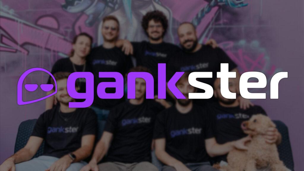 gankster logo on blurry background photo of employees