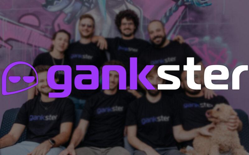 gankster logo on blurry background photo of employees