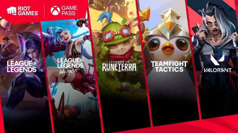 League of Legends, Wild Rift, Runeterra, Teamfight Tactics and Valorant posters under Xbox Game Pass and Riot Games logos