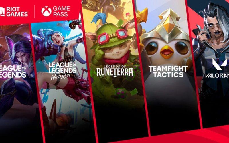 League of Legends, Wild Rift, Runeterra, Teamfight Tactics and Valorant posters under Xbox Game Pass and Riot Games logos