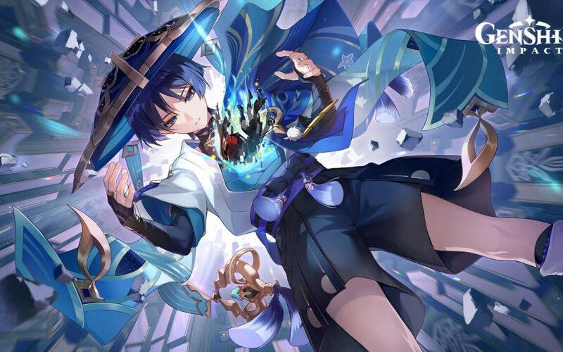 Genshin Impact's Scaramouche falling with a dark manisfestation of himself vanishing in his hands