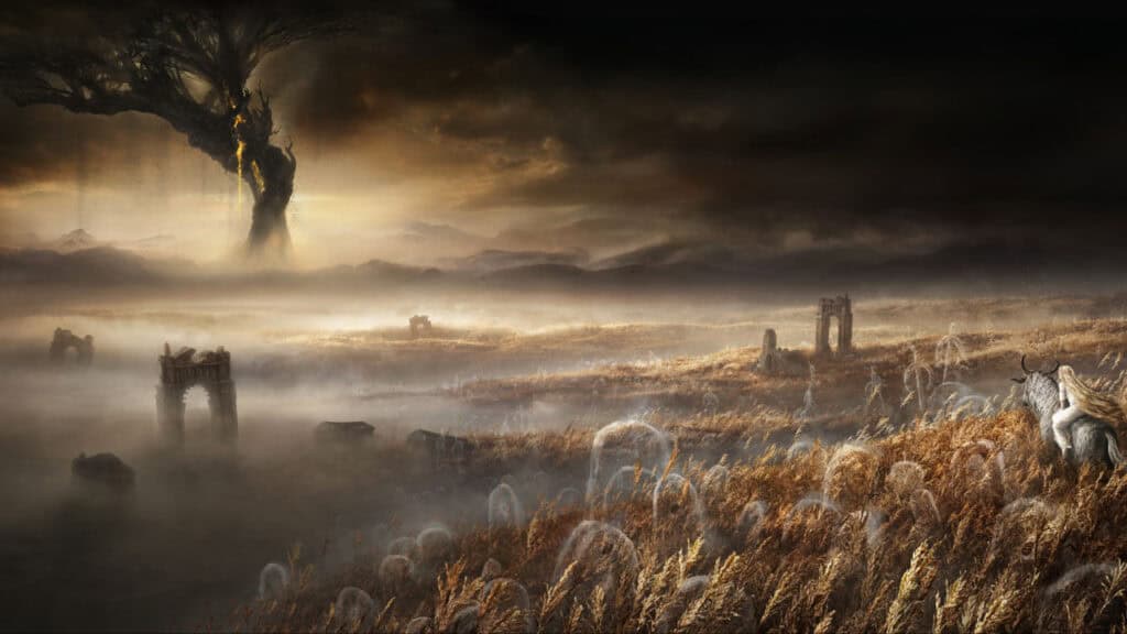 Elden Ring's Erdtree is burning while ghost tombstones are appearing.