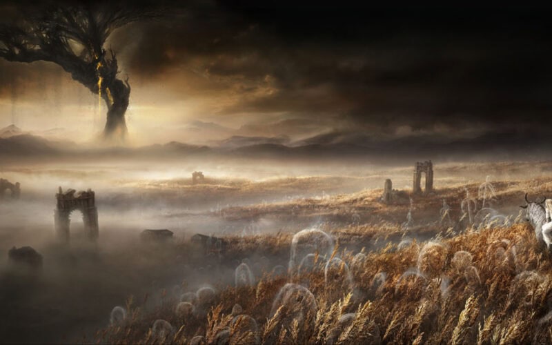 Elden Ring's Erdtree is burning while ghost tombstones are appearing.