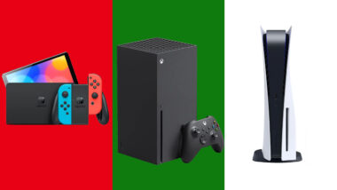 Nintendo, Xbox, and PlayStation are standing next to one another.
