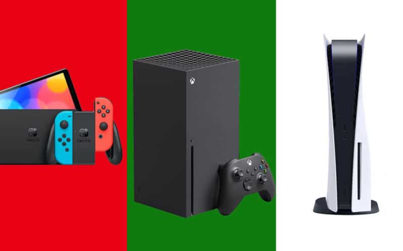 Nintendo, Xbox, and PlayStation are standing next to one another.