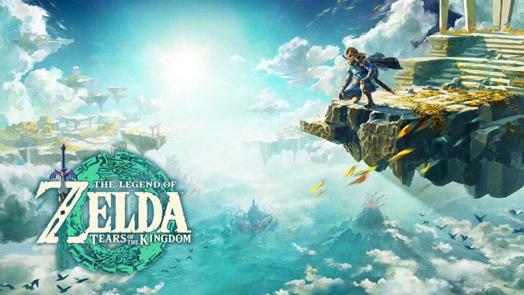 Legend of Zelda protagonist Link looks down from a sky island.