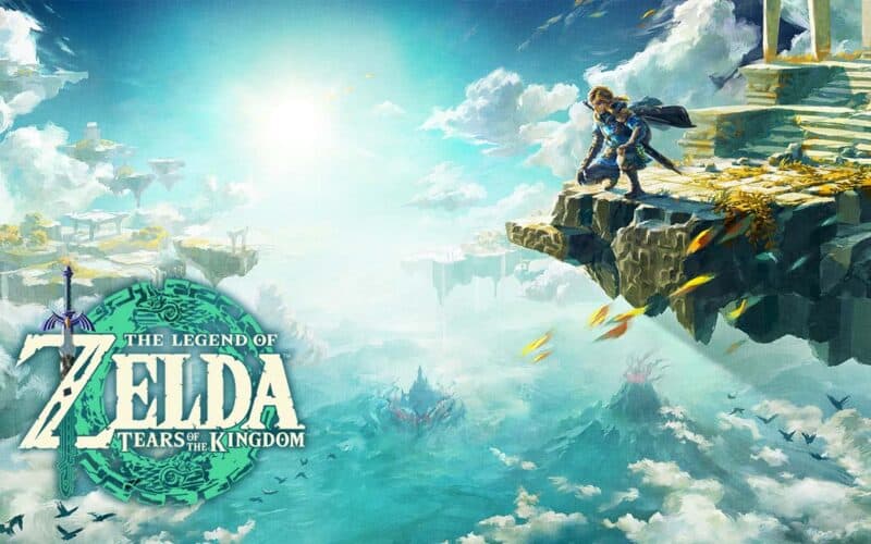 Legend of Zelda protagonist Link looks down from a sky island.