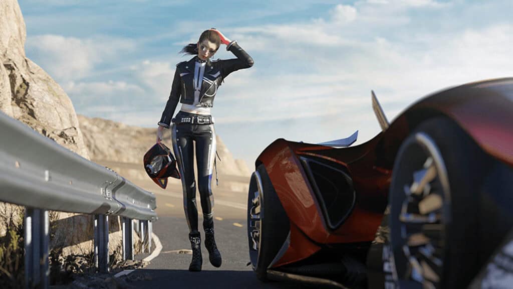 Female driver posing near a scarlet 2023 Porsche.