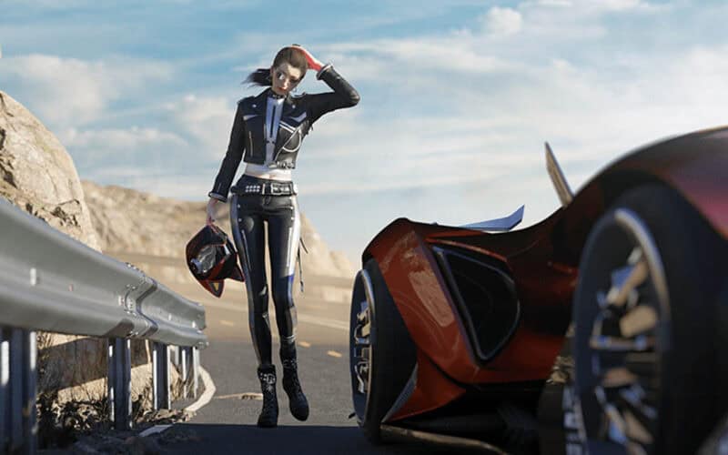 Female driver posing near a scarlet 2023 Porsche.