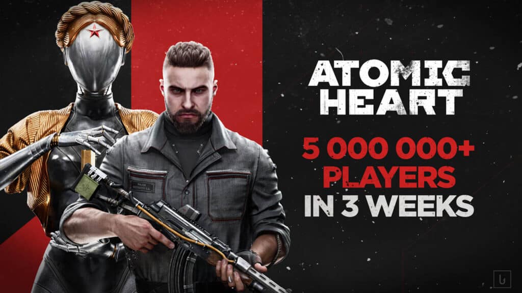 Atomic Heart's main character and a female robot standing together. The text says Atomic Heart has reached 5 million players in 3 weeks.
