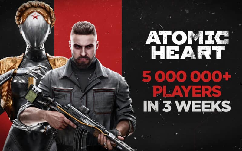 Atomic Heart's main character and a female robot standing together. The text says Atomic Heart has reached 5 million players in 3 weeks.