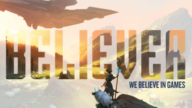 The believer company logo and the tag line "we believe in games" are written over a game character watching the sunset.