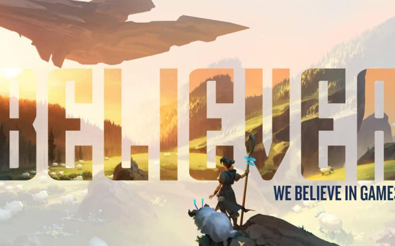 The believer company logo and the tag line "we believe in games" are written over a game character watching the sunset.