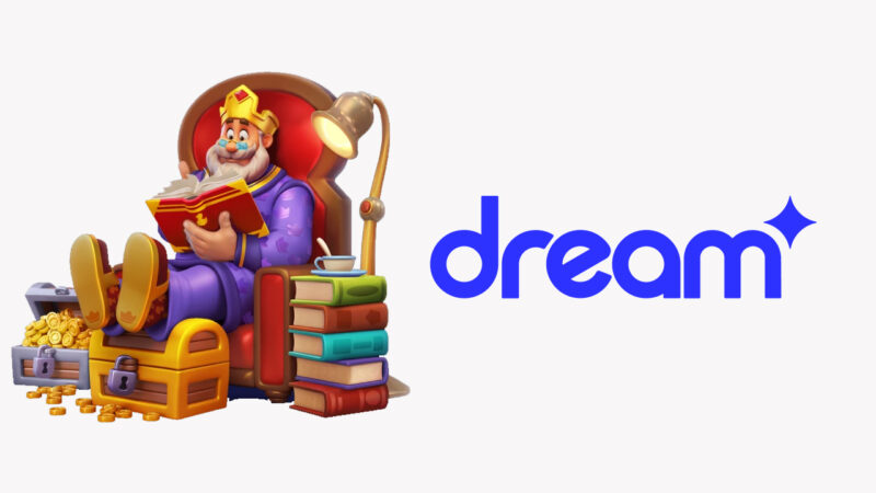 The old king from the game Royal Match sits on his throne, reading a book. The Dream Games logo is placed on the right side of the image.