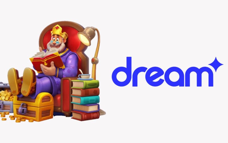 The old king from the game Royal Match sits on his throne, reading a book. The Dream Games logo is placed on the right side of the image.