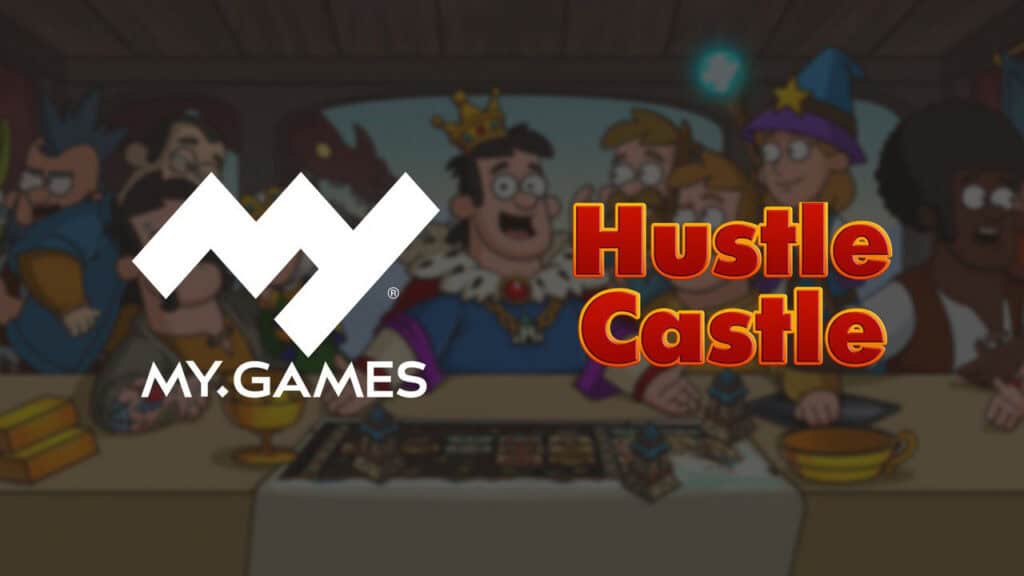 My.games and hustle castle logos are next to each other. There is a blurred in-game screenshot; the king is eating dinner with his royal subjects.