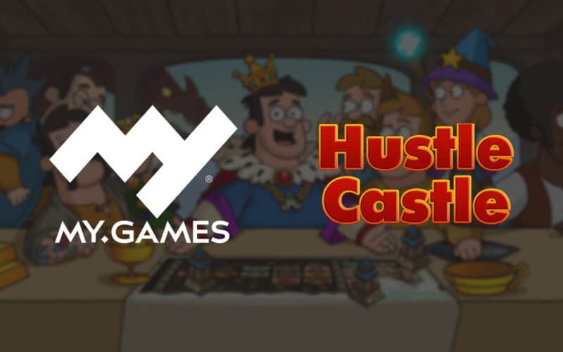 My.games and hustle castle logos are next to each other. There is a blurred in-game screenshot; the king is eating dinner with his royal subjects.