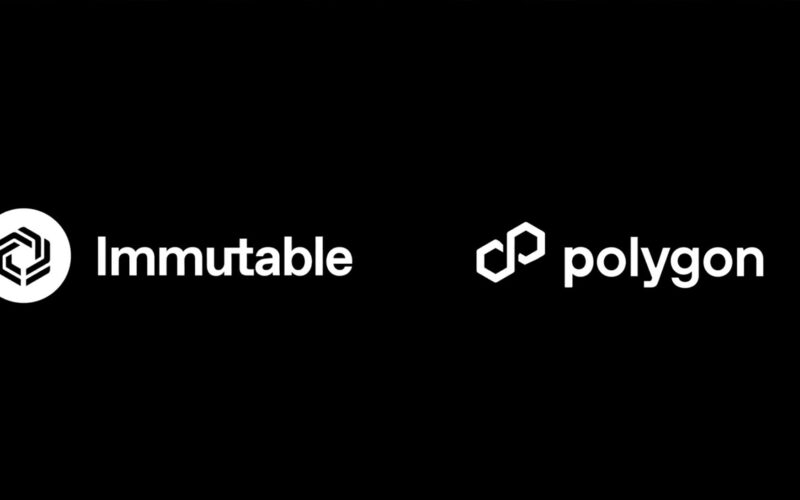 White immutable logo on the left and white polygon logo on the right of a black background.