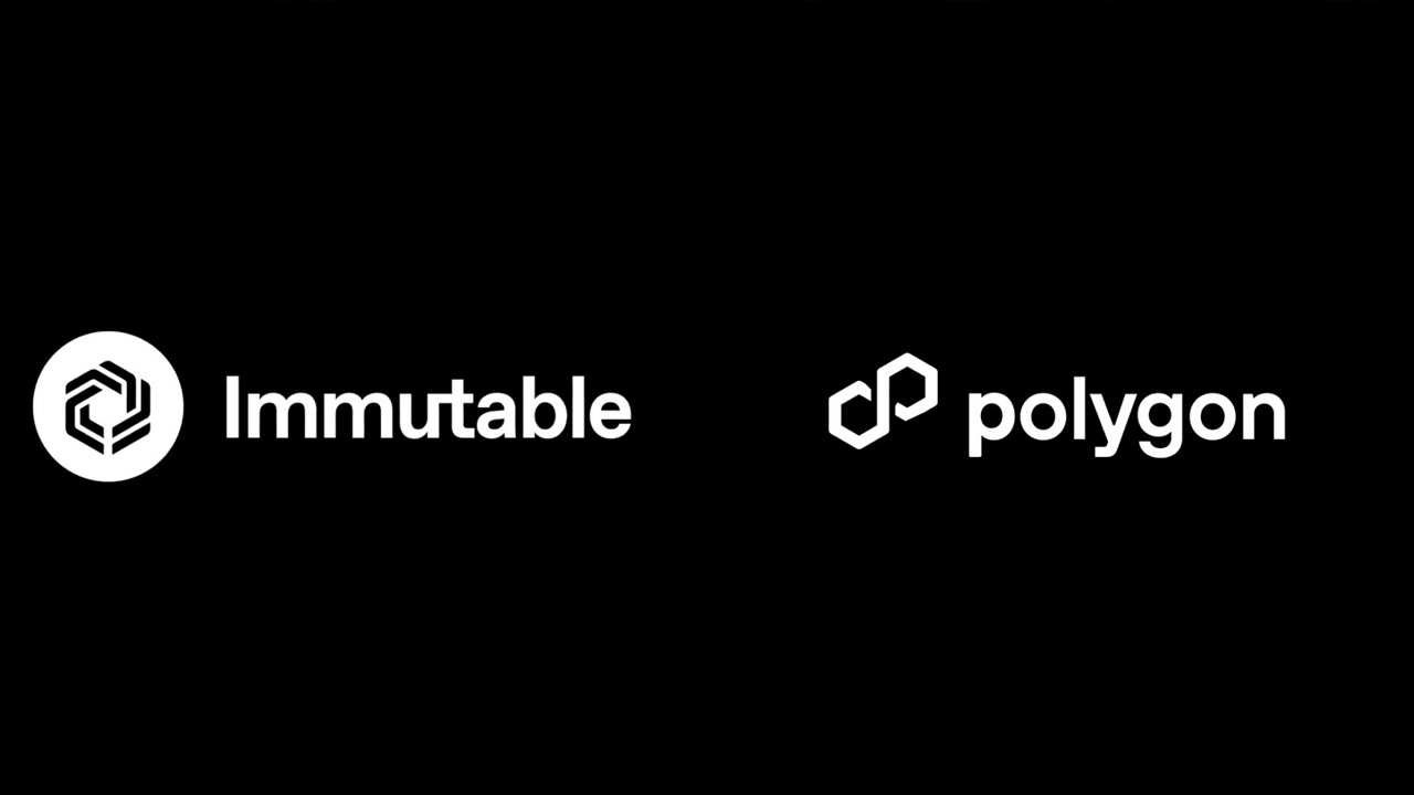 White immutable logo on the left and white polygon logo on the right of a black background.