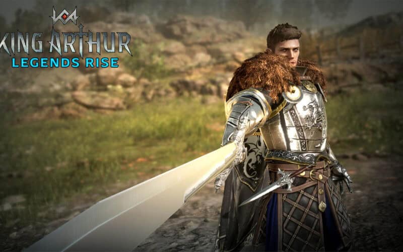 King Arthur pointing his sword Excalibur.