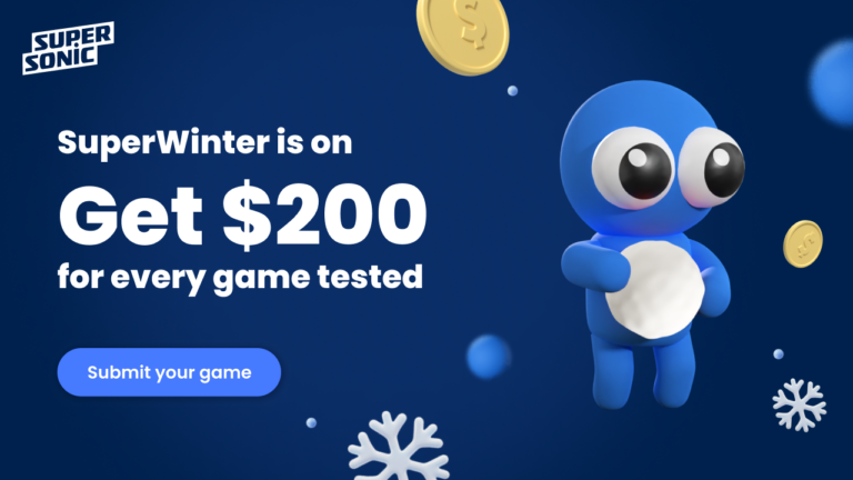 animation character of superwinter event with the title "get 200$ for every game tested".