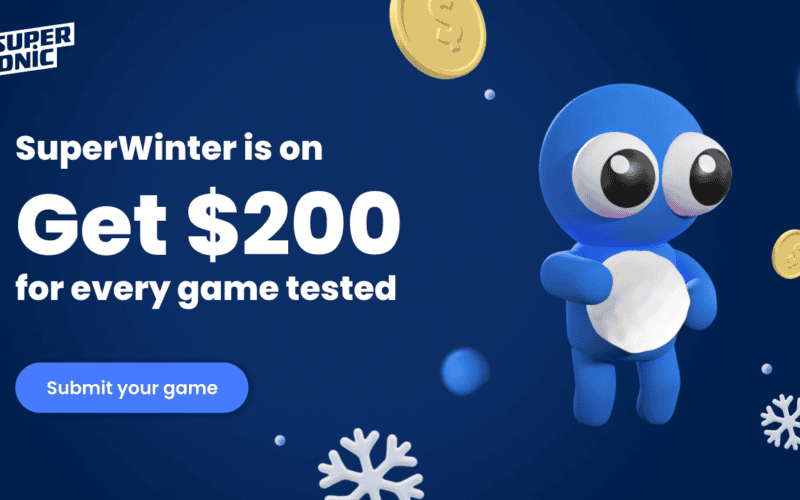 animation character of superwinter event with the title "get 200$ for every game tested".