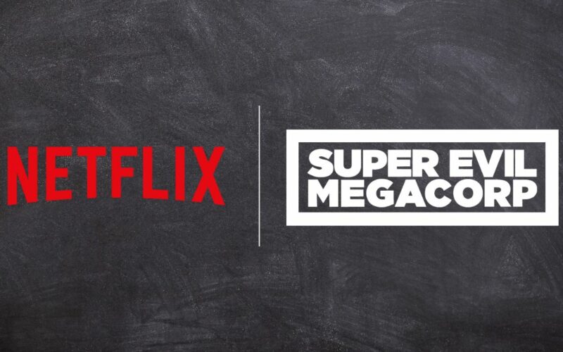 netflix and super evil megacorp logos over dark gray background.