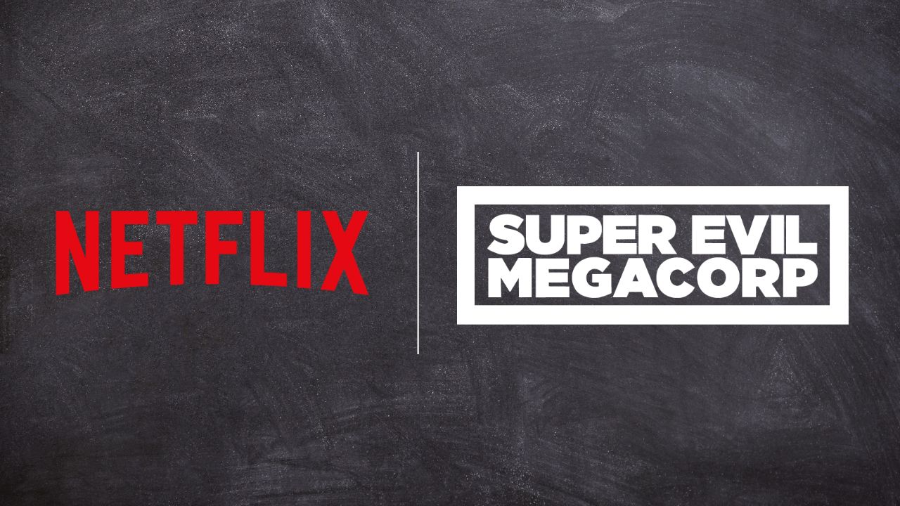 netflix and super evil megacorp logos over dark gray background.