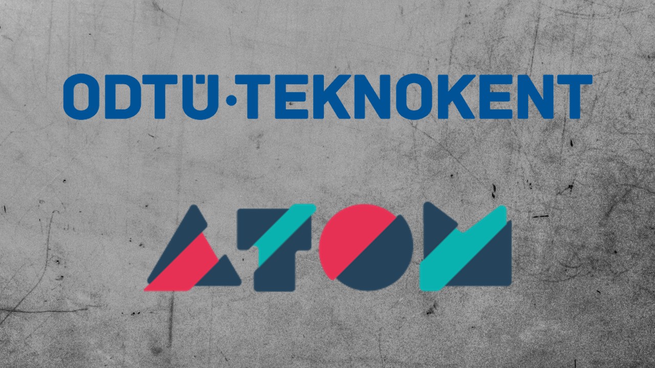 odtü teknokent ve atom logosu gri art alan üzerinde.