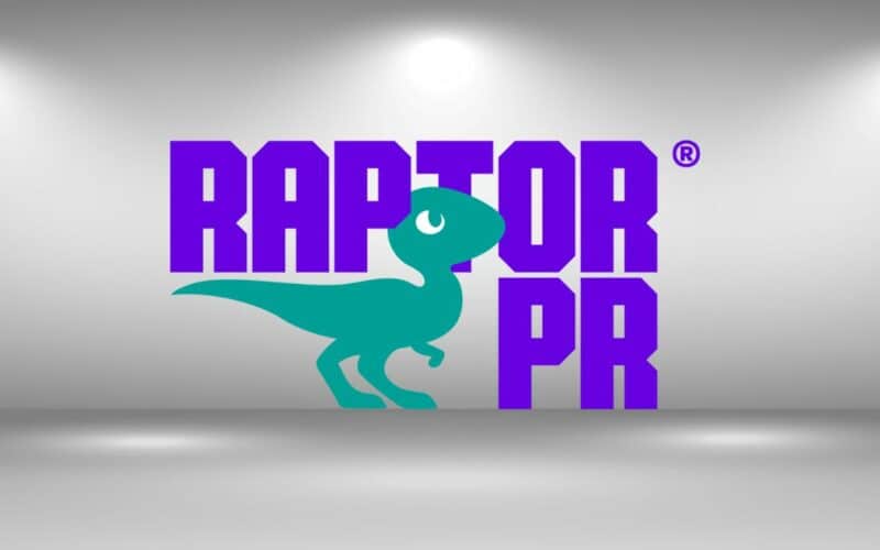 raptor pr logo over grey background.