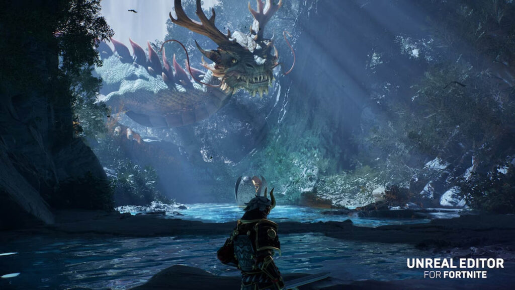Unreal editor for fortnite image created in Unreal Engine 5. The player is facing a water dragon.