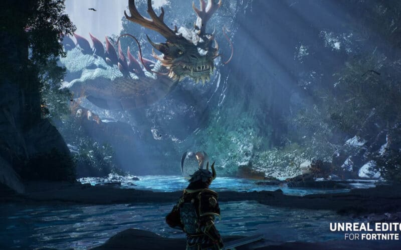 Unreal editor for fortnite image created in Unreal Engine 5. The player is facing a water dragon.