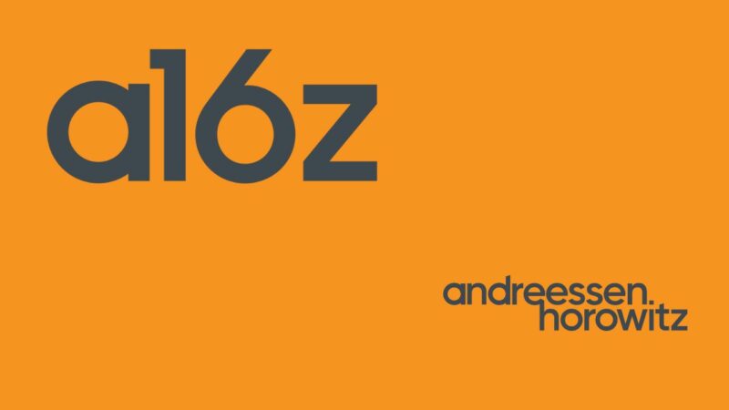 a16z and andreessen horrowitz logos over orange background.
