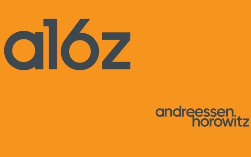 a16z and andreessen horrowitz logos over orange background.