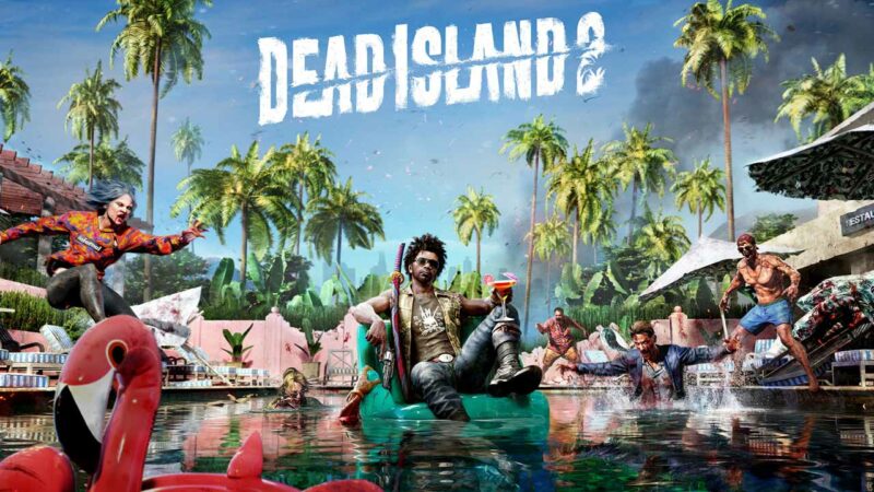 Dead Island 2 main character chilling by the pool while zombies are attacking him.
