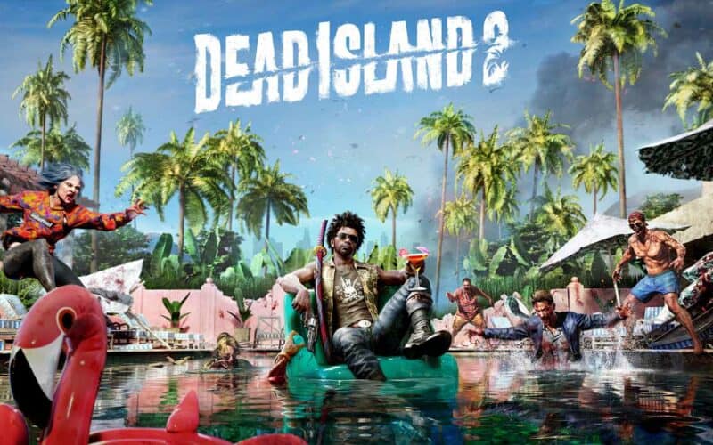 Dead Island 2 main character chilling by the pool while zombies are attacking him.