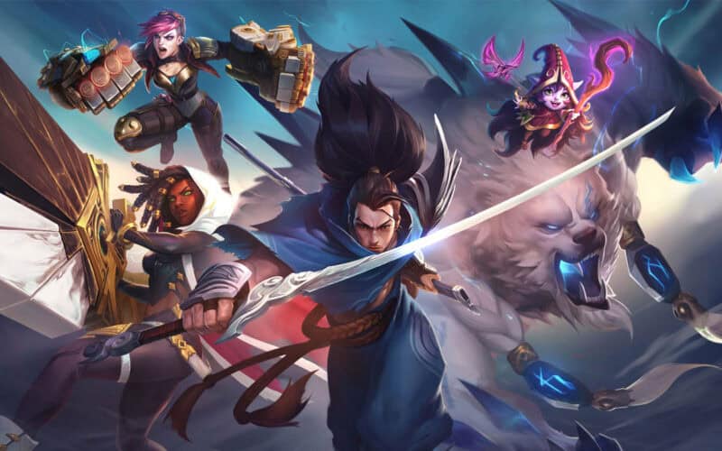 League of Legends karakterleri Vi, Yasuo, Lulu, Senna ve Volibear saldırıya geçiyorlar.