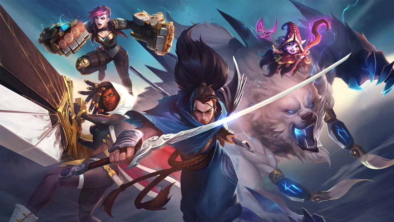 League of Legends karakterleri Vi, Yasuo, Lulu, Senna ve Volibear saldırıya geçiyorlar.