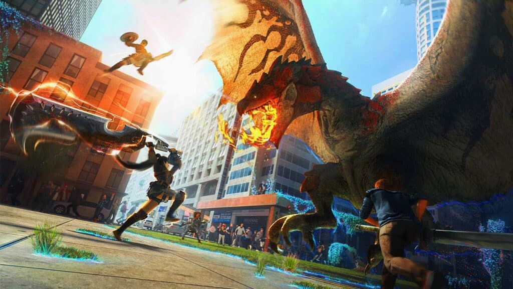 Image from the game monster hunter now, a hunter is facing a dragon with a big sword.