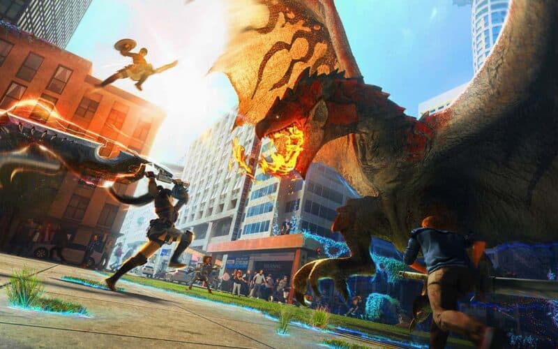 Image from the game monster hunter now, a hunter is facing a dragon with a big sword.