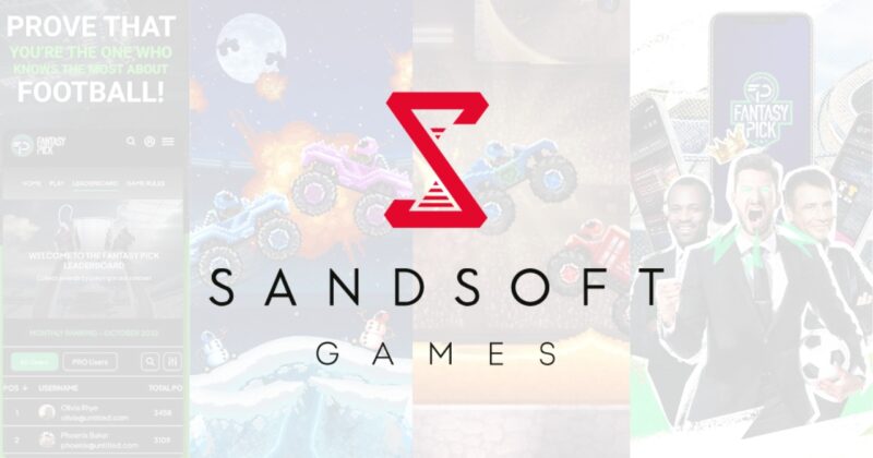 sandsoft logo over game screenshots