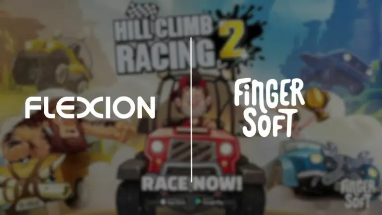flexion and fingersoft logos over hill climb racing 2 title screen.