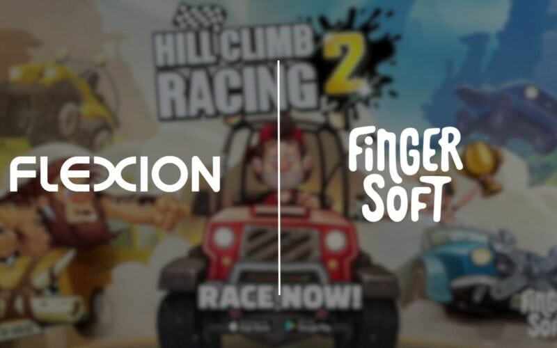 flexion and fingersoft logos over hill climb racing 2 title screen.