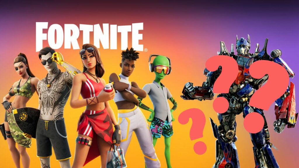 fortnite summer season characters next to optimus prime with question marks on him.