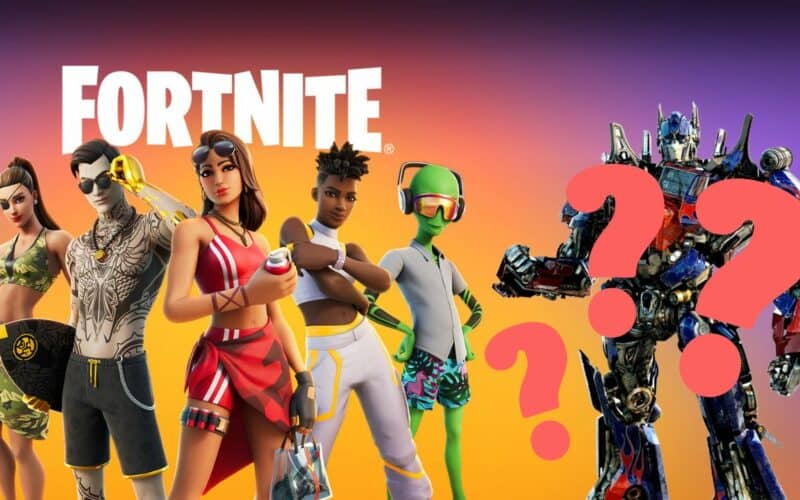 fortnite summer season characters next to optimus prime with question marks on him.